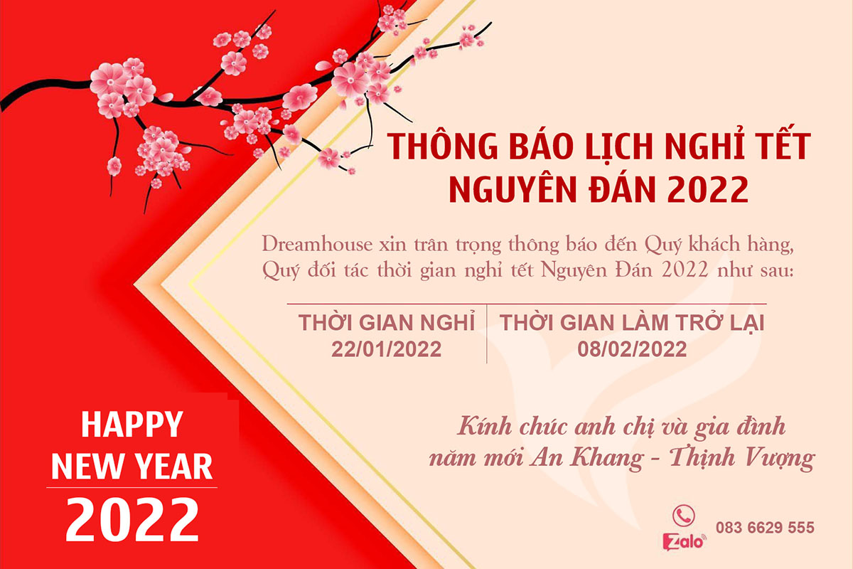 Dreamhouse thông báo lịch nghỉ Tết Nguyên đán Nhâm Dần 2022