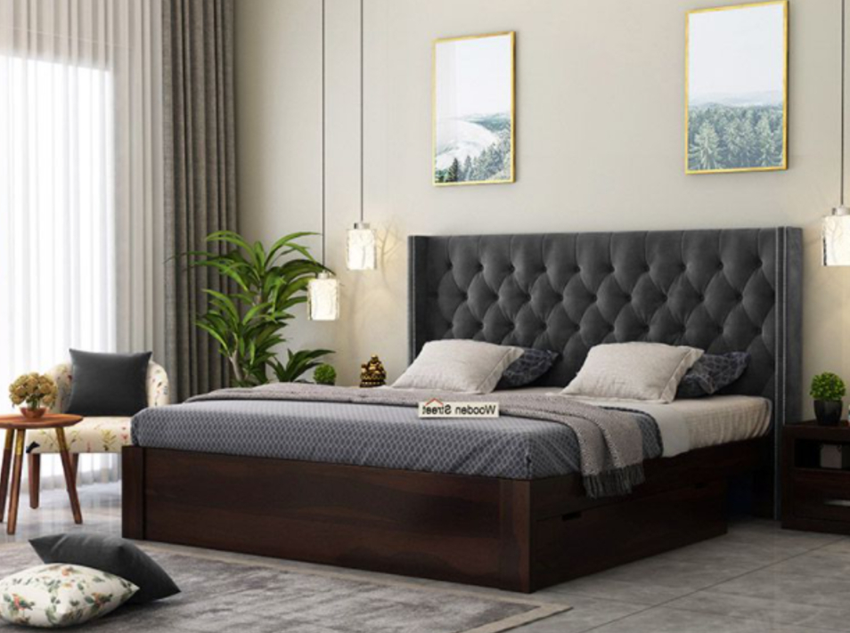 Drewno Upholstered Bed With Storage Grey – WoodPeckerz Furniture