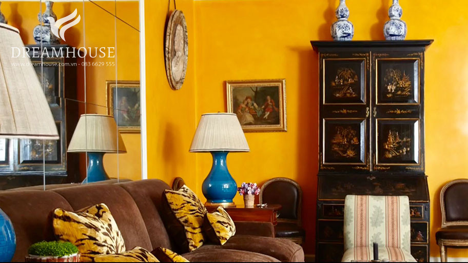 Tư vấn chọn màu sơn nhà sang trọng và tinh tế nhất 2025 Sơn tường màu vàng đậm