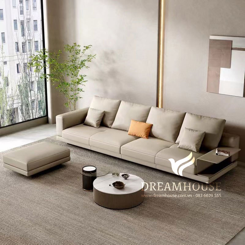 Sofa văng S756 màu be kem trong phòng khách hiện đại với ottoman
