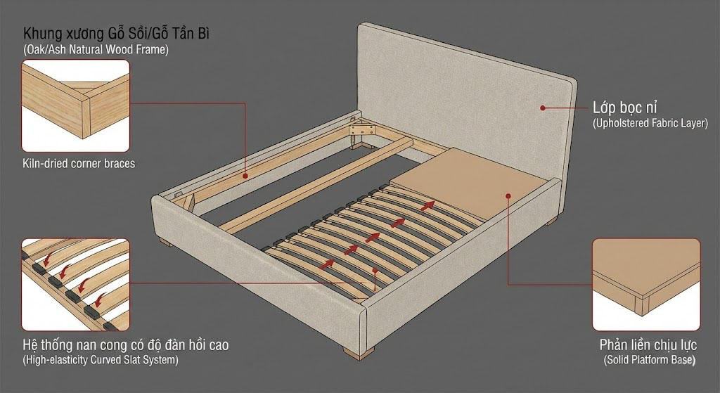 Cấu tạo một chiếc giường bọc nỉ chất lượng