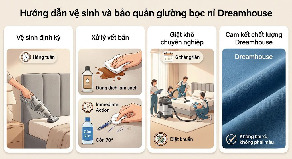 Hướng dẫn vệ sinh và bảo quản giường bọc nỉ