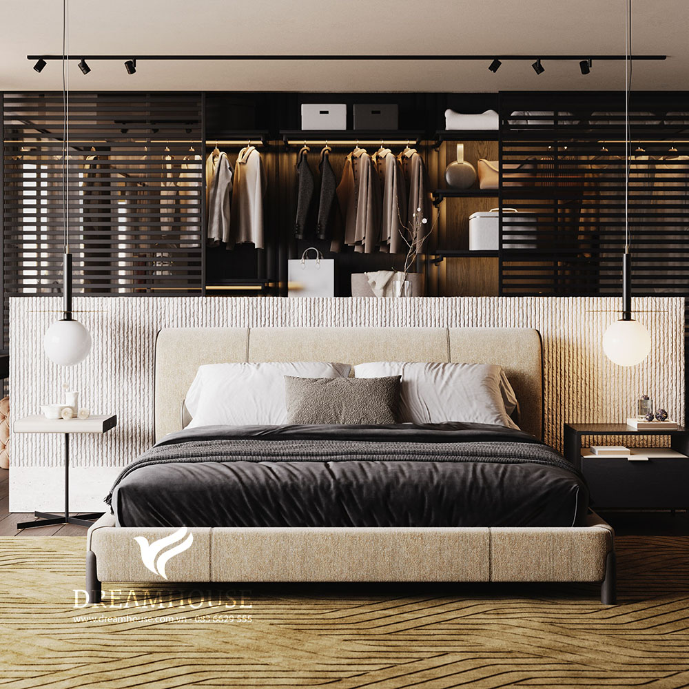 Phối cảnh chính diện Giường ngủ bọc da B859 với tông màu kem thanh lịch