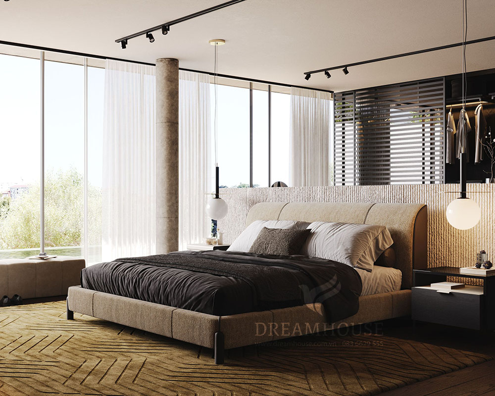 Cận cảnh đường may và độ cong tinh tế của phần đầu giường bọc da B859