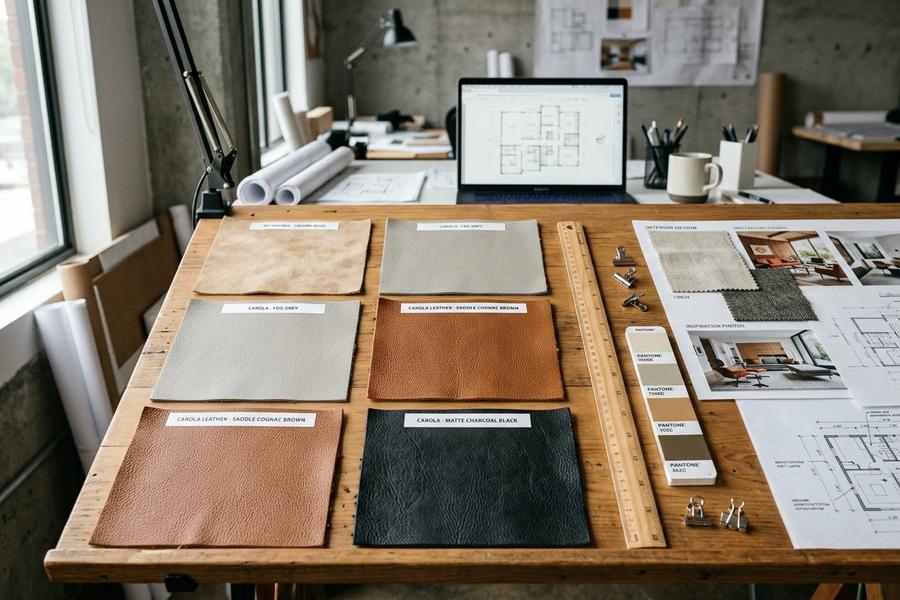 Bảng mẫu da bọc giường microfiber và carola các tông màu kem ghi cognac đen nhám trên bàn thiết kế