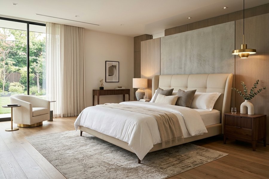 Mẫu giường bọc da hiện đại màu be kem đầu giường tai cong thanh lịch tại xưởng Dreamhouse