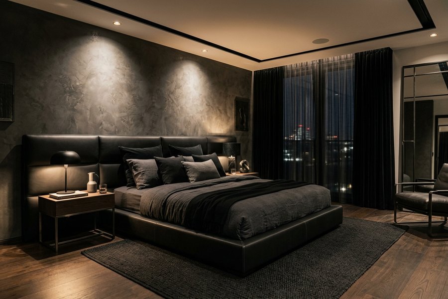 Giường bọc da carola đen nhám matte kết hợp ánh sáng spotlight rọi điểm phong cách dark luxury