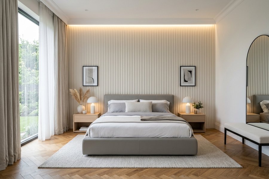 Giường bọc da microfiber màu ghi xám phối vách ốp sóng thạch cao và sàn gỗ xương cá thanh lịch