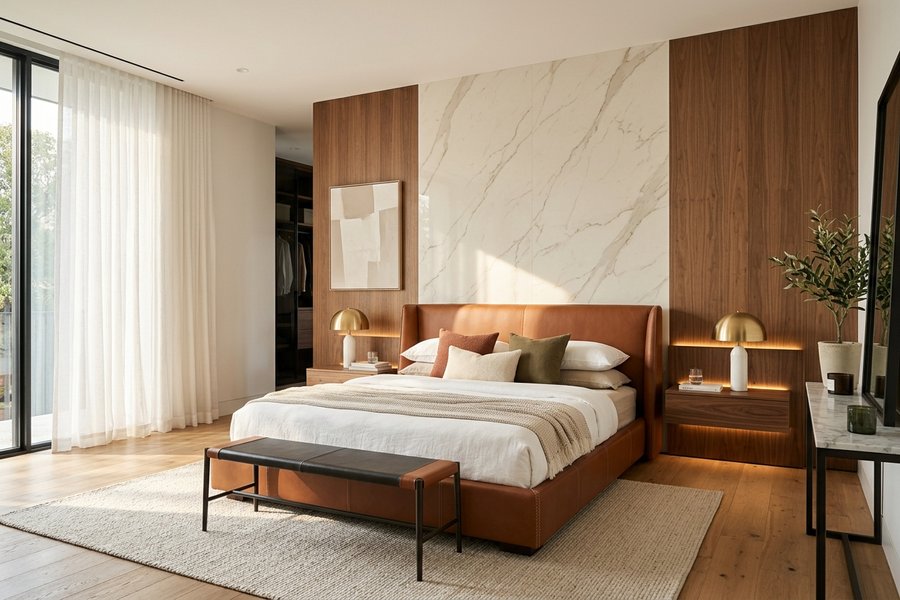 Giường bọc da màu nâu bò cognac nổi bật trên nền vách đá cẩm thạch trắng và gỗ óc chó ấm cúng